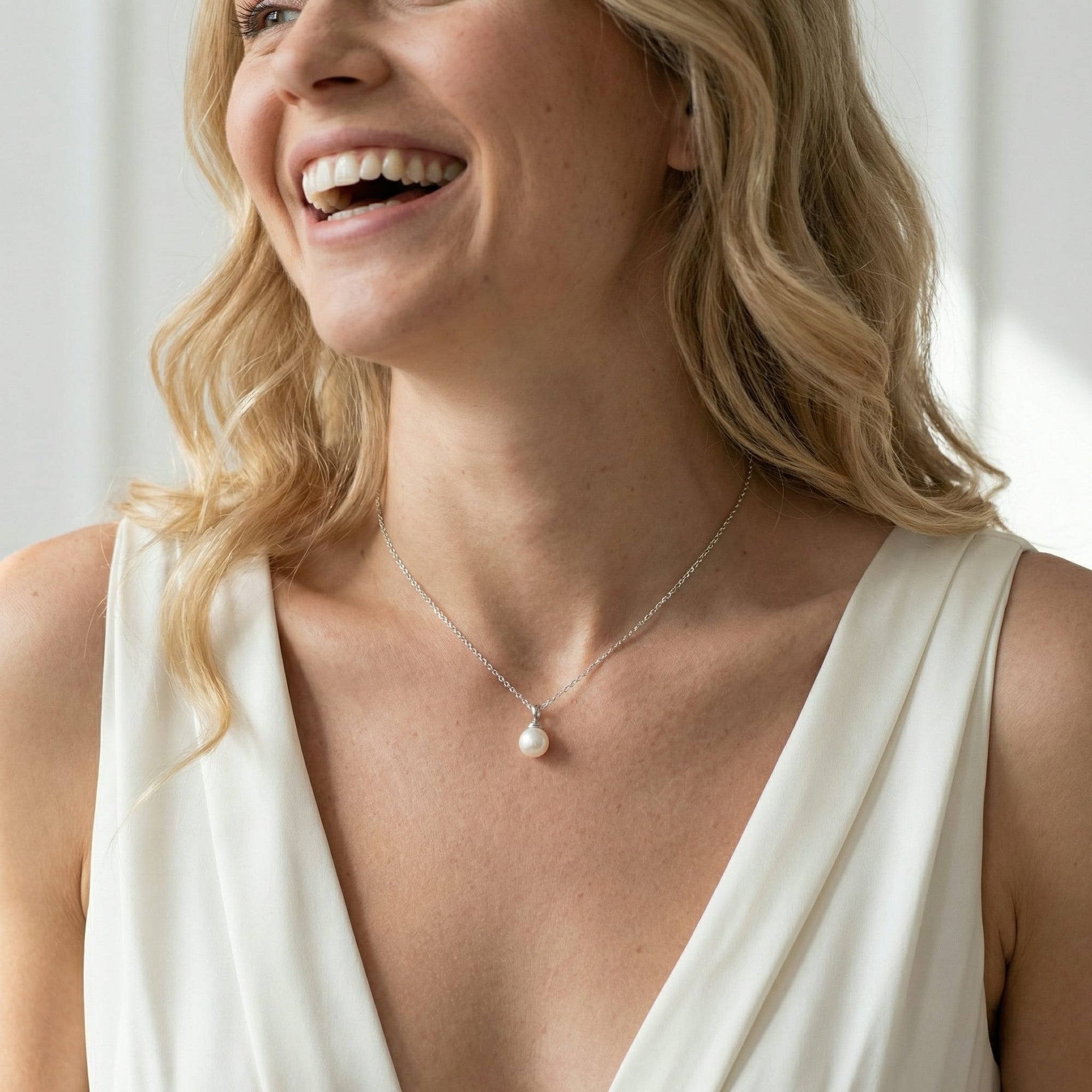 White Japanese Akoya Pearl Hope Pendant, 8.0-8.5mm - 14K Gold