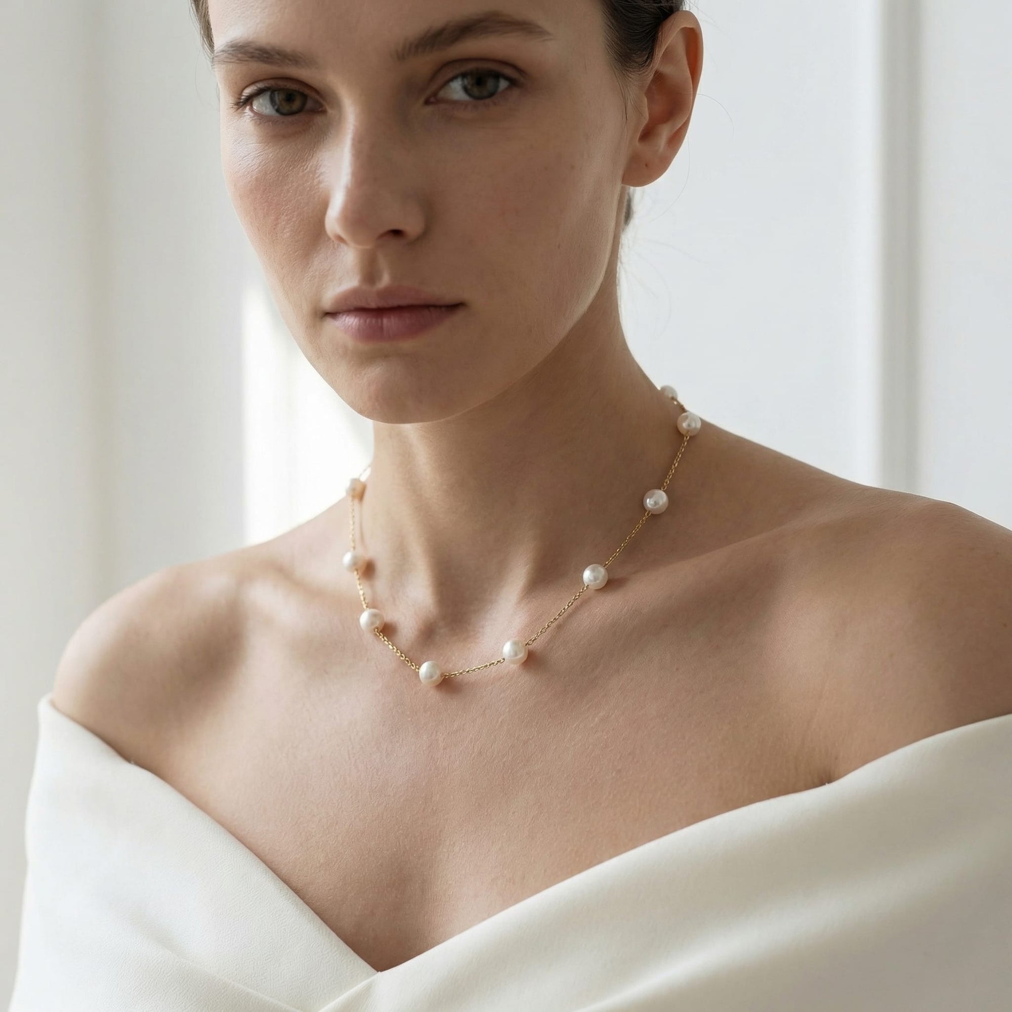 White Japanese Akoya Pearl Tin Cup Necklace - AAA Quality