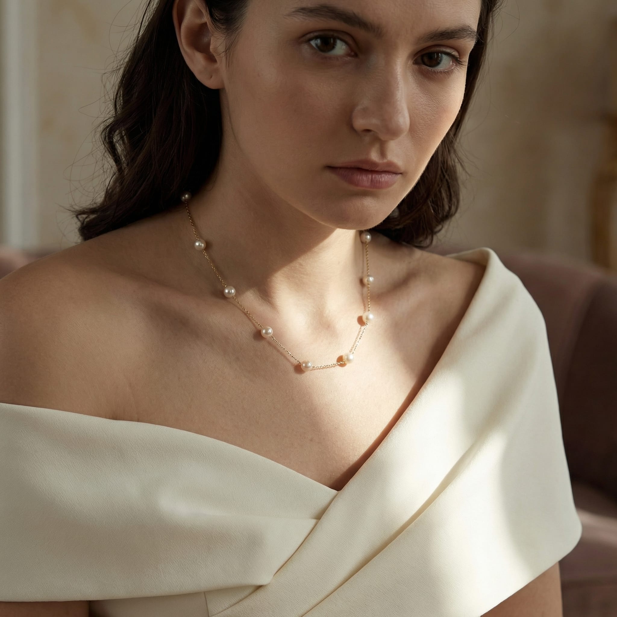 White Japanese Akoya Pearl Tin Cup Necklace - AAA Quality - Pure