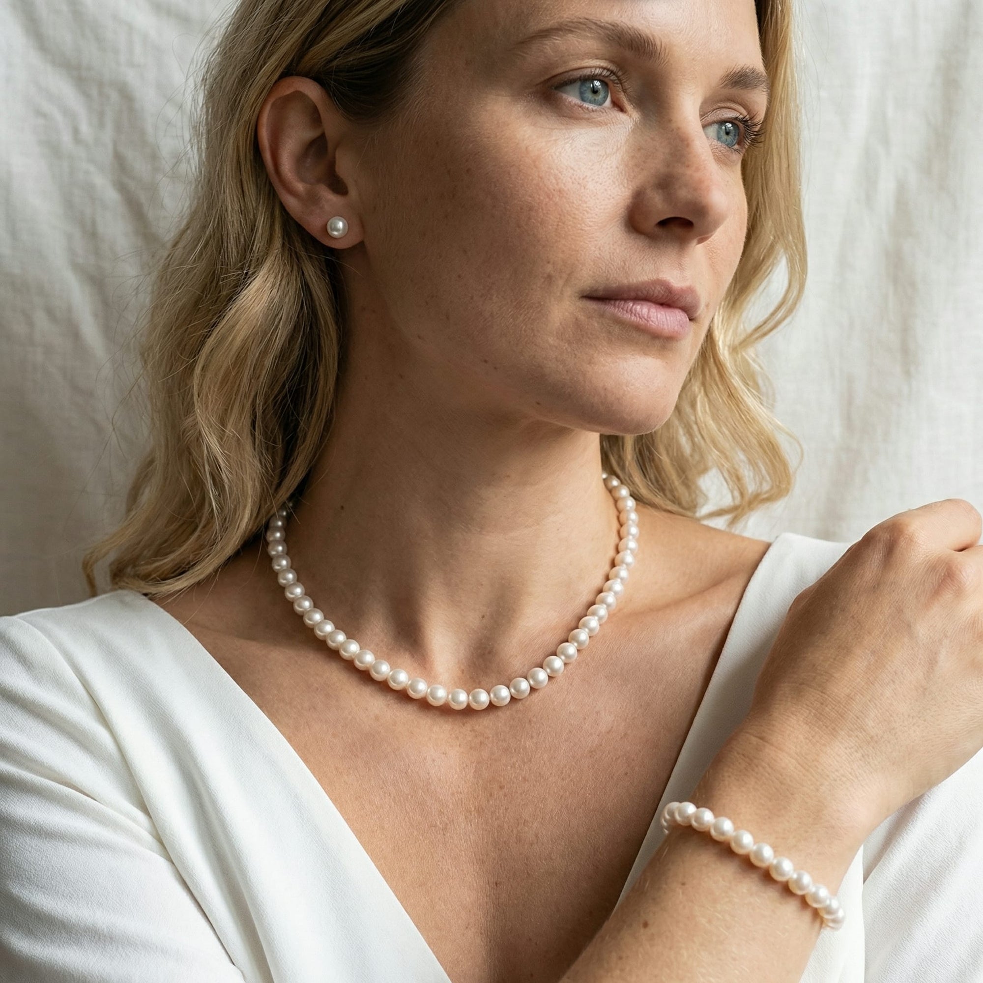 White Japanese Akoya Pearl 3-Piece Jewelry Set - AAA Quality