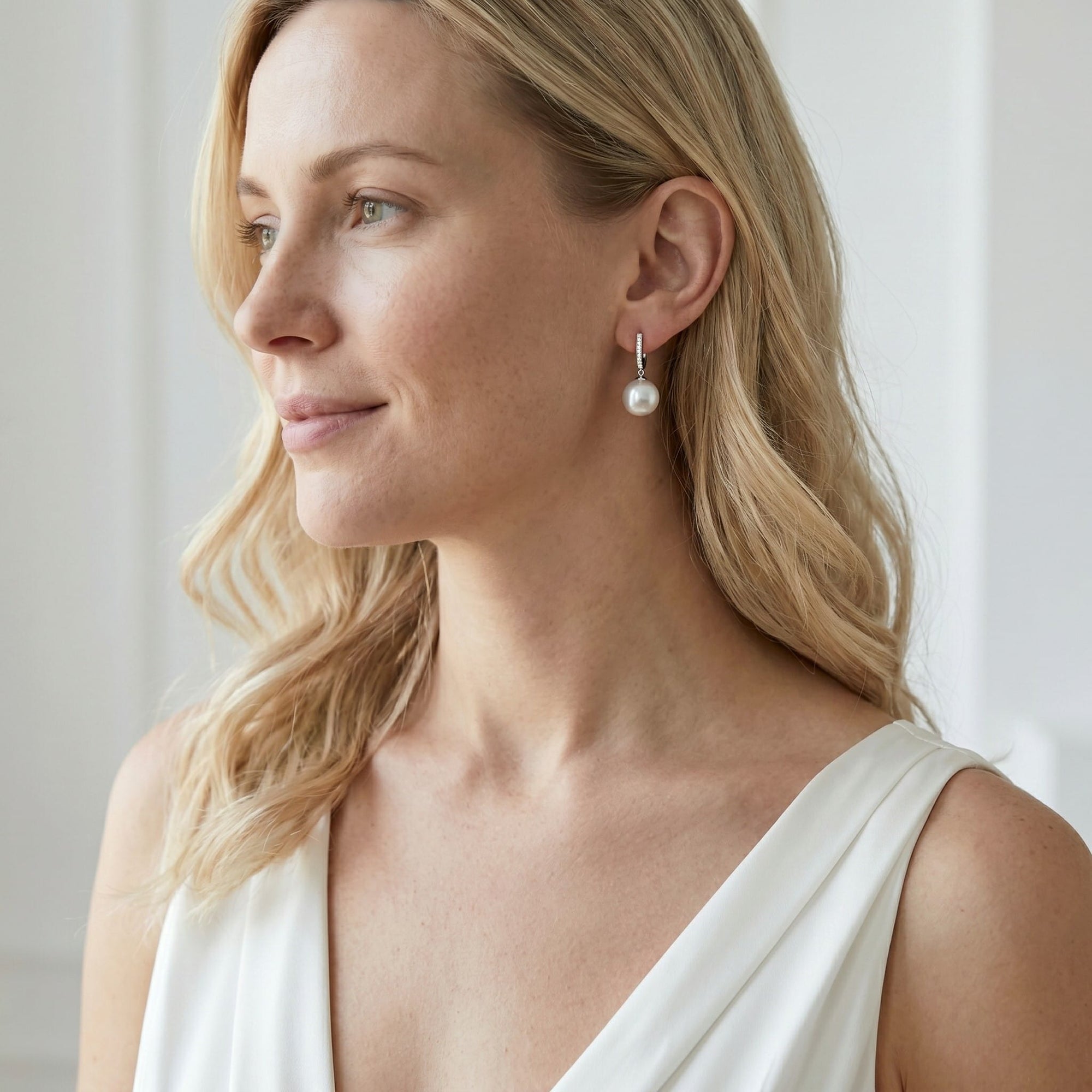 White South Sea Pearl & Diamond Metropolis Dangle Earrrings