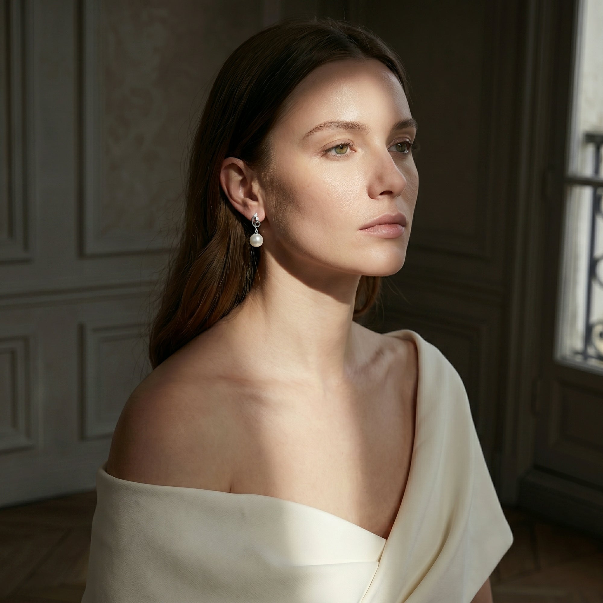 White South Sea Pearl & Diamond Pirouette Earrings