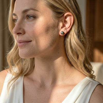 Black Tahitian Pearl Stud Earrings, 8.0-9.0mm