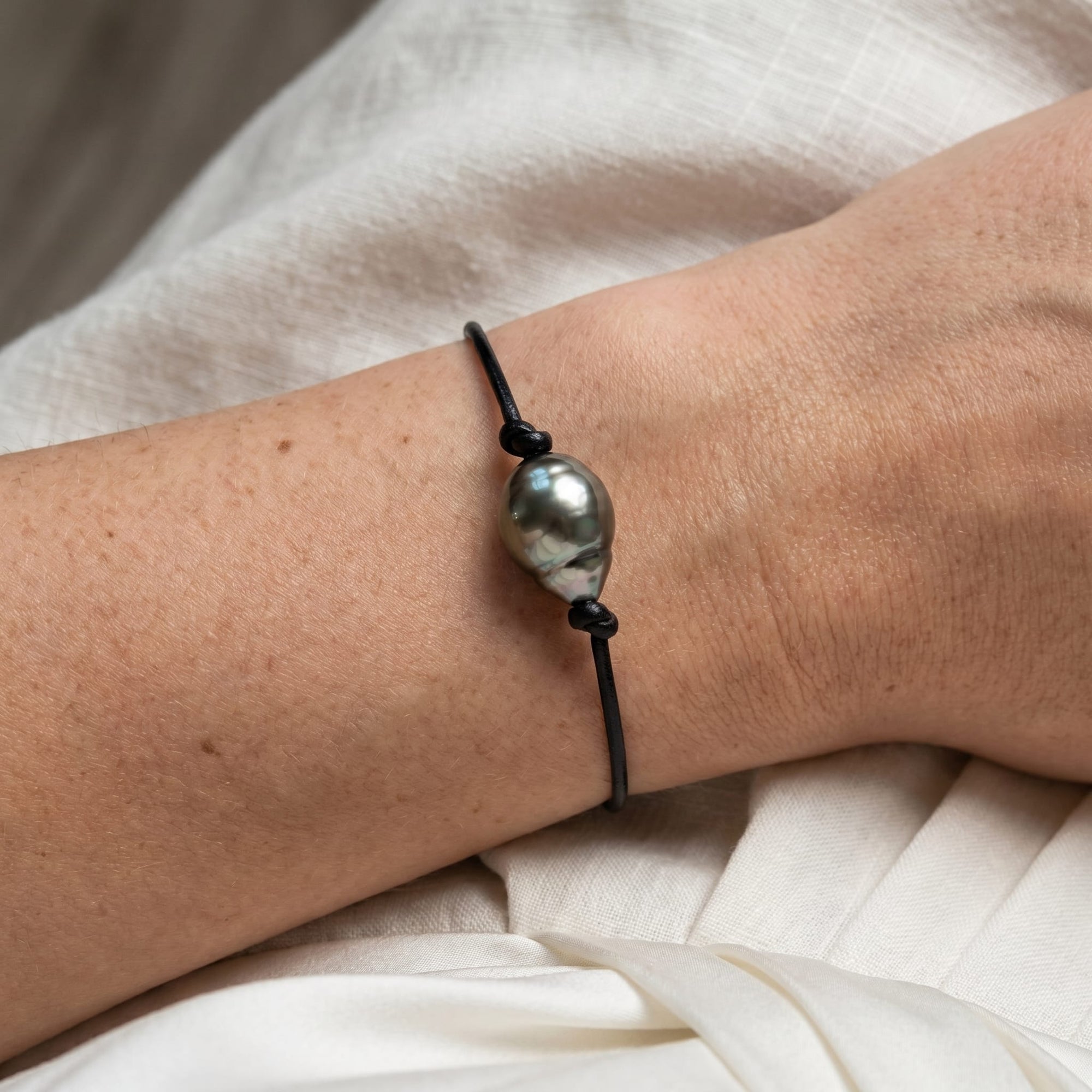 Black Tahitian Baroque Pearl on Leather Bracelet