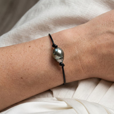 Black Tahitian Baroque Pearl on Leather Bracelet