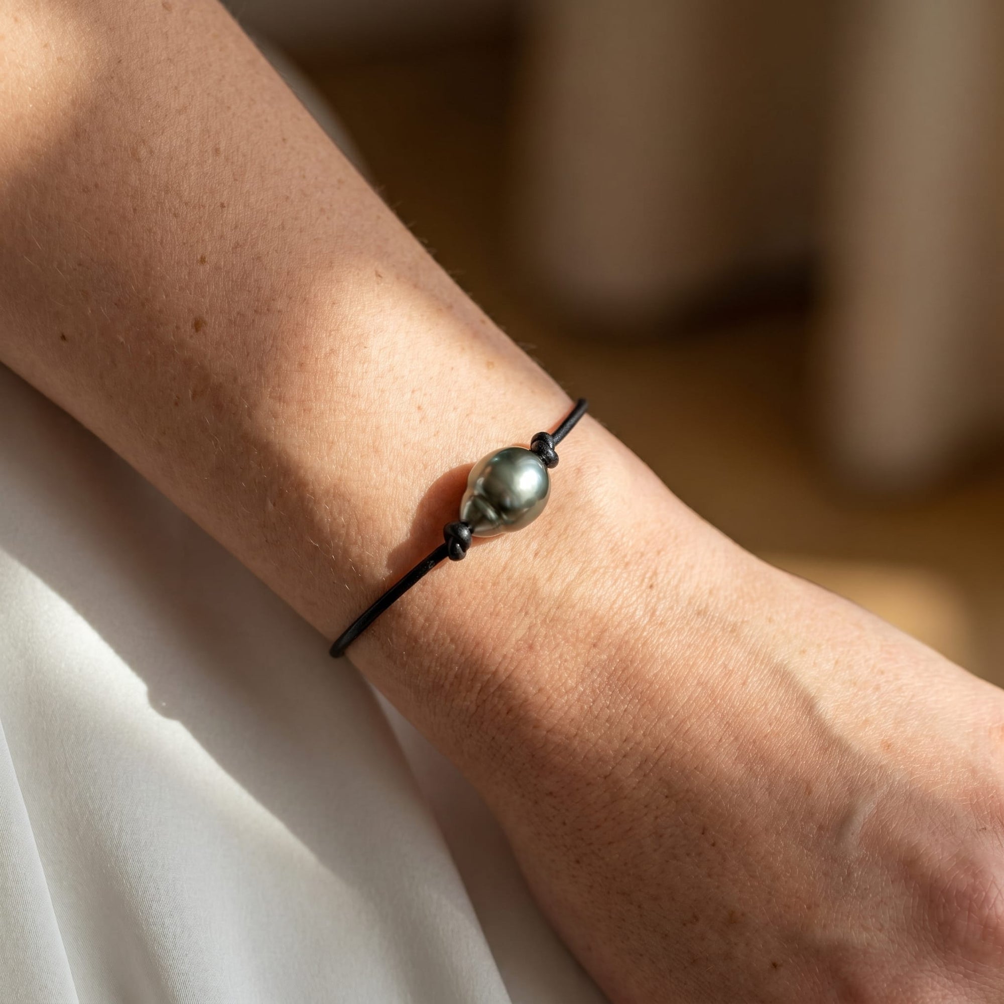 Black Tahitian Baroque Pearl on Leather Bracelet