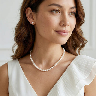 White Japanese Akoya Pearl Necklace & Earring 2-Piece Set, 6.0-6.5mm
