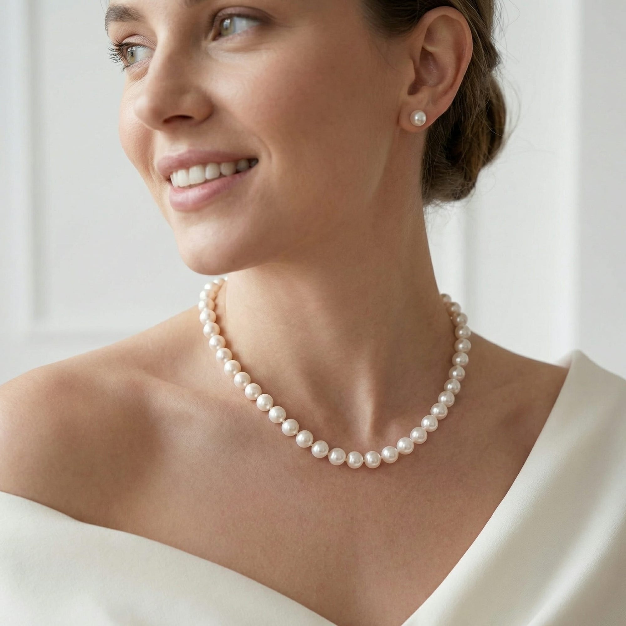 White Japanese Akoya Pearl Necklace & Earring 2-Piece Set, 8.0-8.5mm