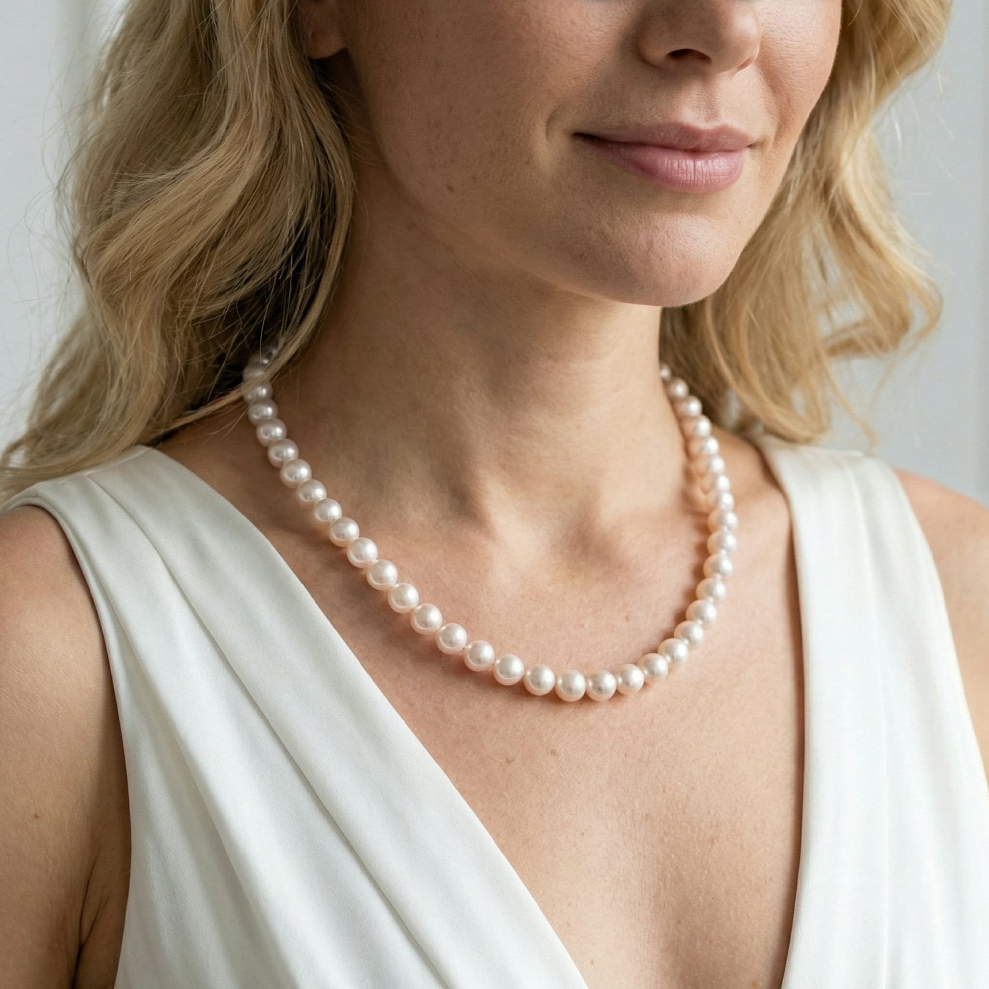 White Japanese Akoya Pearl Necklace, 9.0-9.5mm - AAA Quality