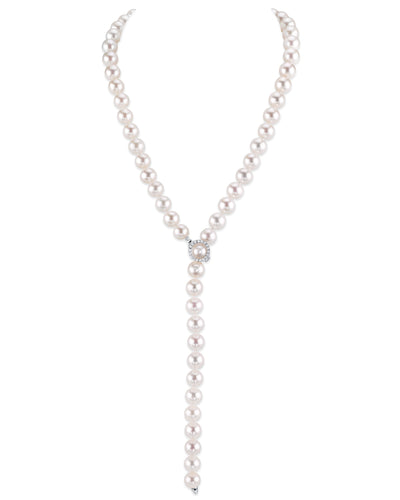 9.5-10.5mm White Freshwater Pearl & Diamond Adjustable Y-Shape Necklace- AAAA Quality