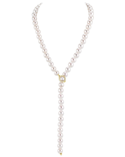 9.5-10.5mm White Freshwater Pearl & Diamond Adjustable Y-Shape Necklace- AAAA Quality - Third Image