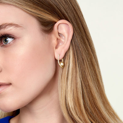 Golden South Sea Pearl & Diamond Eliza Earrings - Model Image