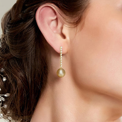 Golden South Sea Pearl & Diamond Serena Earrings - Model Image