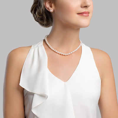 6.5-7.0mm Japanese Akoya White Choker Length Pearl Necklace- AAA Quality - Model Image