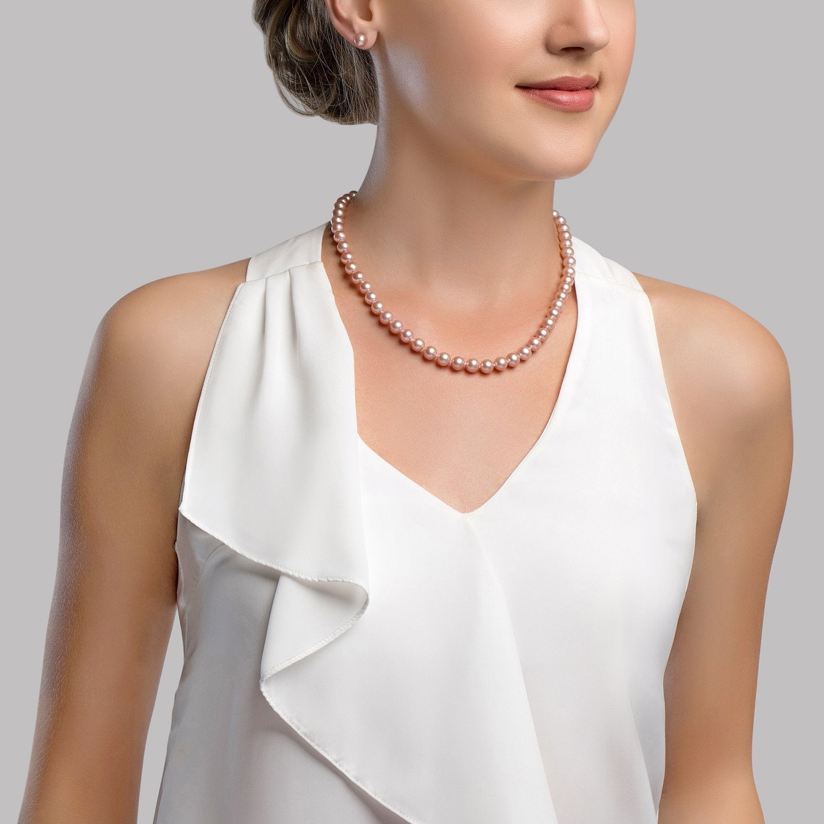 7.0-7.5mm Pink Freshwater Choker Length Pearl Necklace & Earrings - Model Image