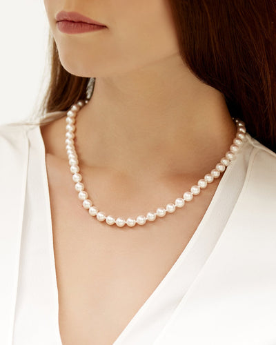 7.0-7.5mm Japanese Akoya White Choker Length Pearl Necklace- AAA Quality - Model Image