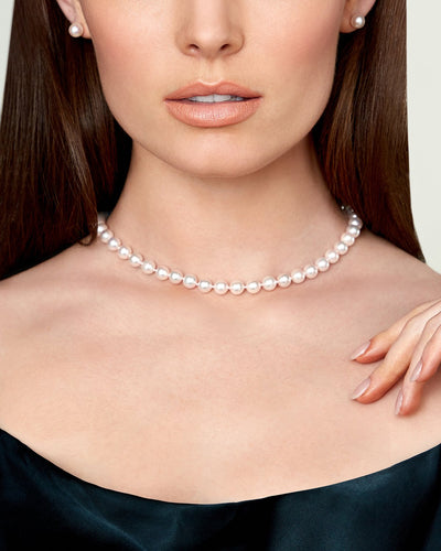 7.5-8.0mm Japanese Akoya White Choker Length Pearl Necklace- AAA Quality - Model Image