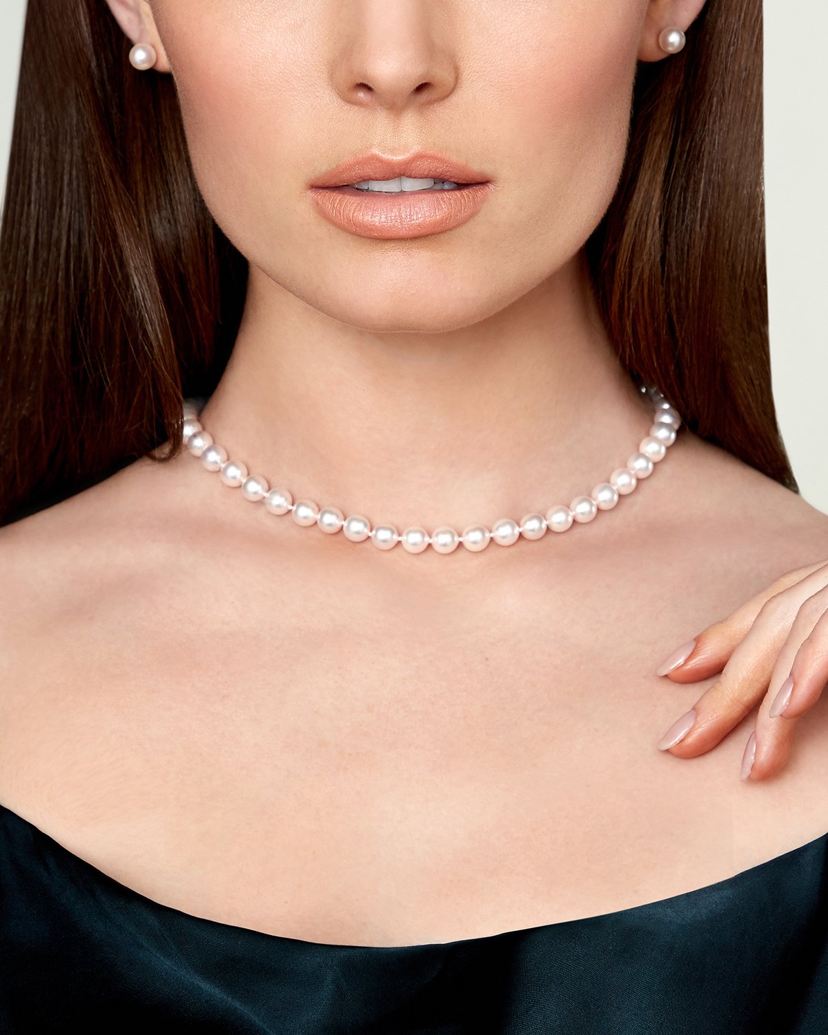 7.5-8.0mm Japanese Akoya White Pearl Necklace- AA+ Quality - Model Image