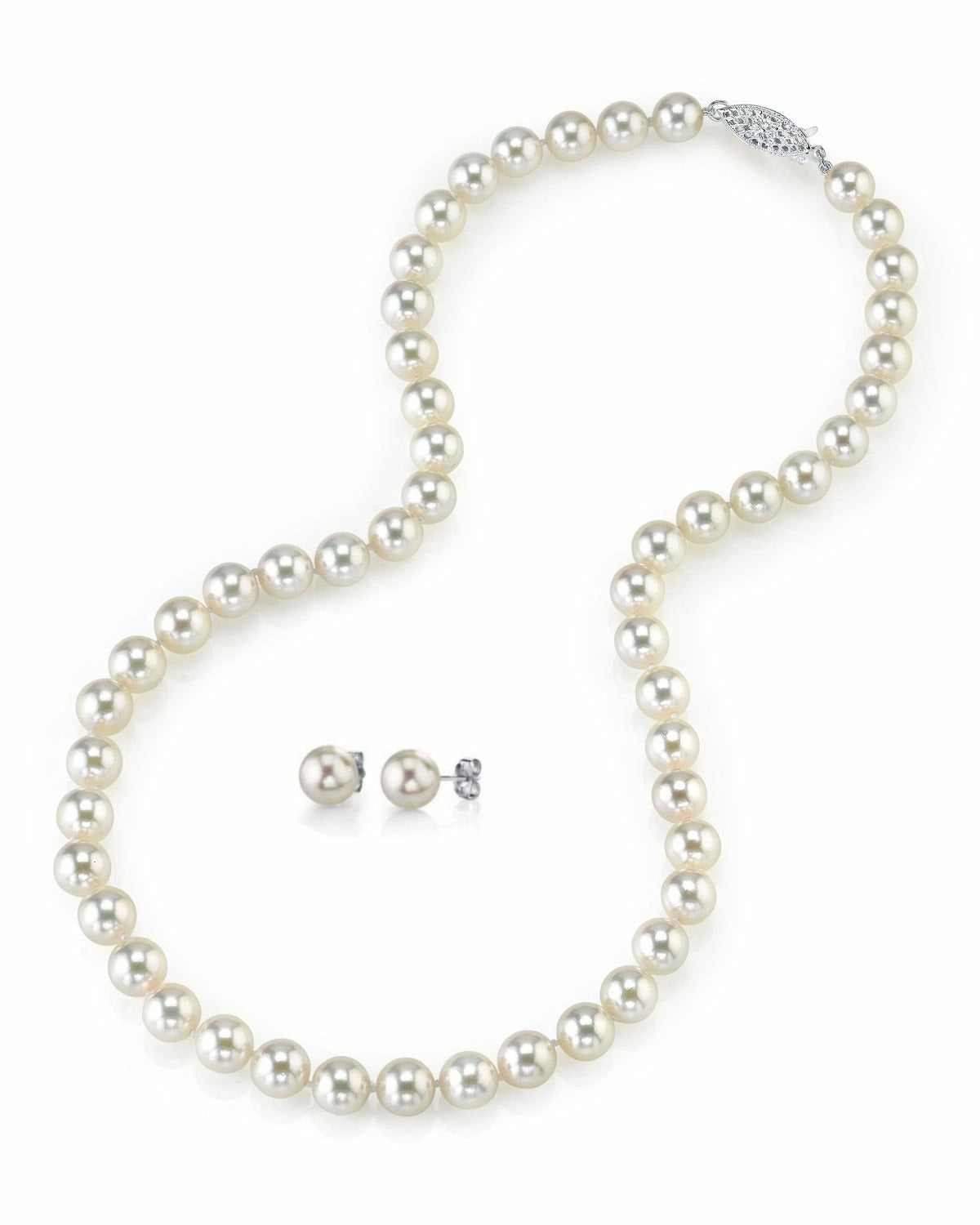White Japanese Akoya Pearl Necklace & Earring 2-Piece Set, 7.0-7.5mm