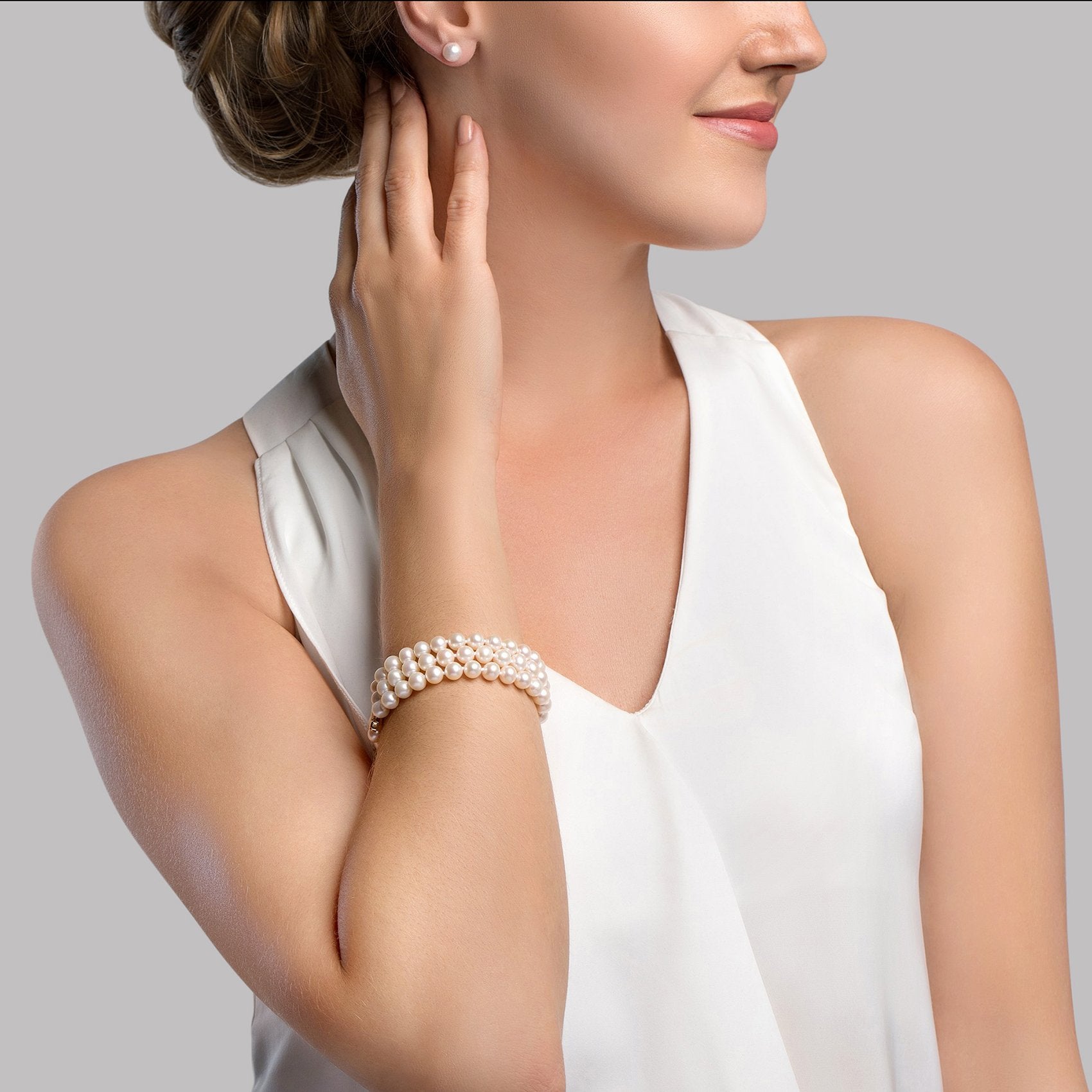 Japanese Akoya Triple Pearl Bracelet with Diamonds - Model Image