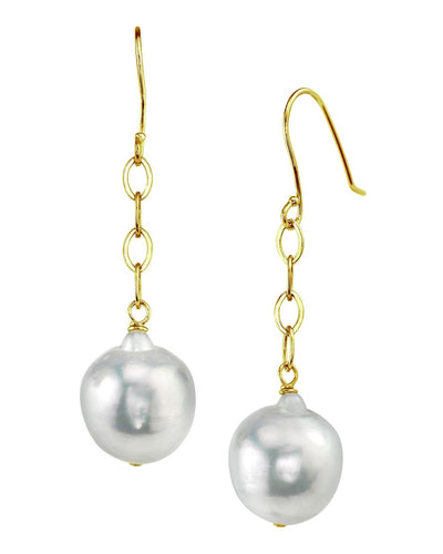 White Akoya Baroque Pearl Dangling Tincup Earrings - Model Image