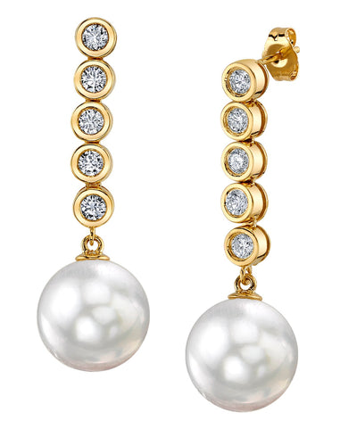 White South Sea Pearl & Diamond Cascade Earrings - Model Image