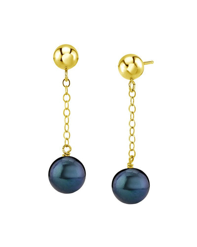 14K Gold Black Akoya Round Ball Double Chain Earrings - Model Image