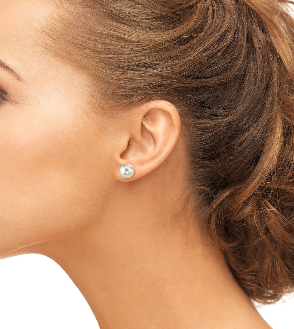 9.0-9.5mm White Akoya Round Pearl Stud Earrings 18K White Gold / 9.0-9.5mm AAA Quality
