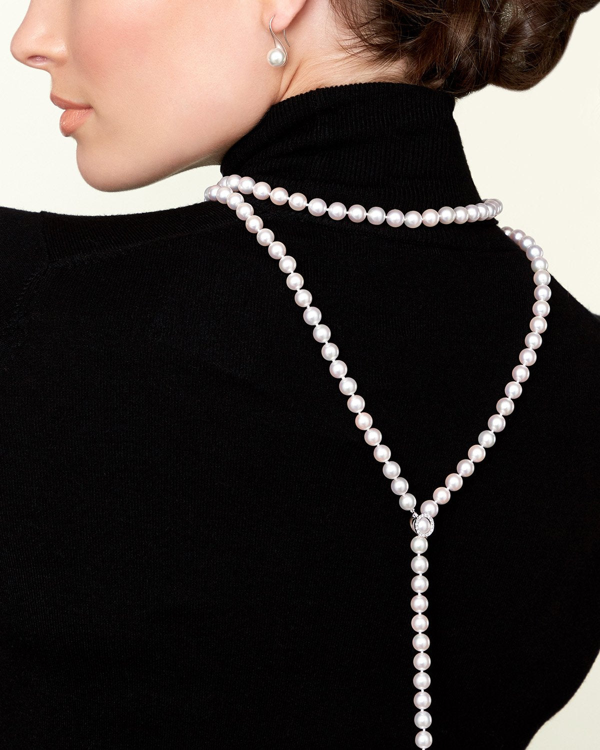 8.0-8.5mm Japanese Akoya White Pearl & Diamond Y-Shape Adjustable Necklace - Model Image